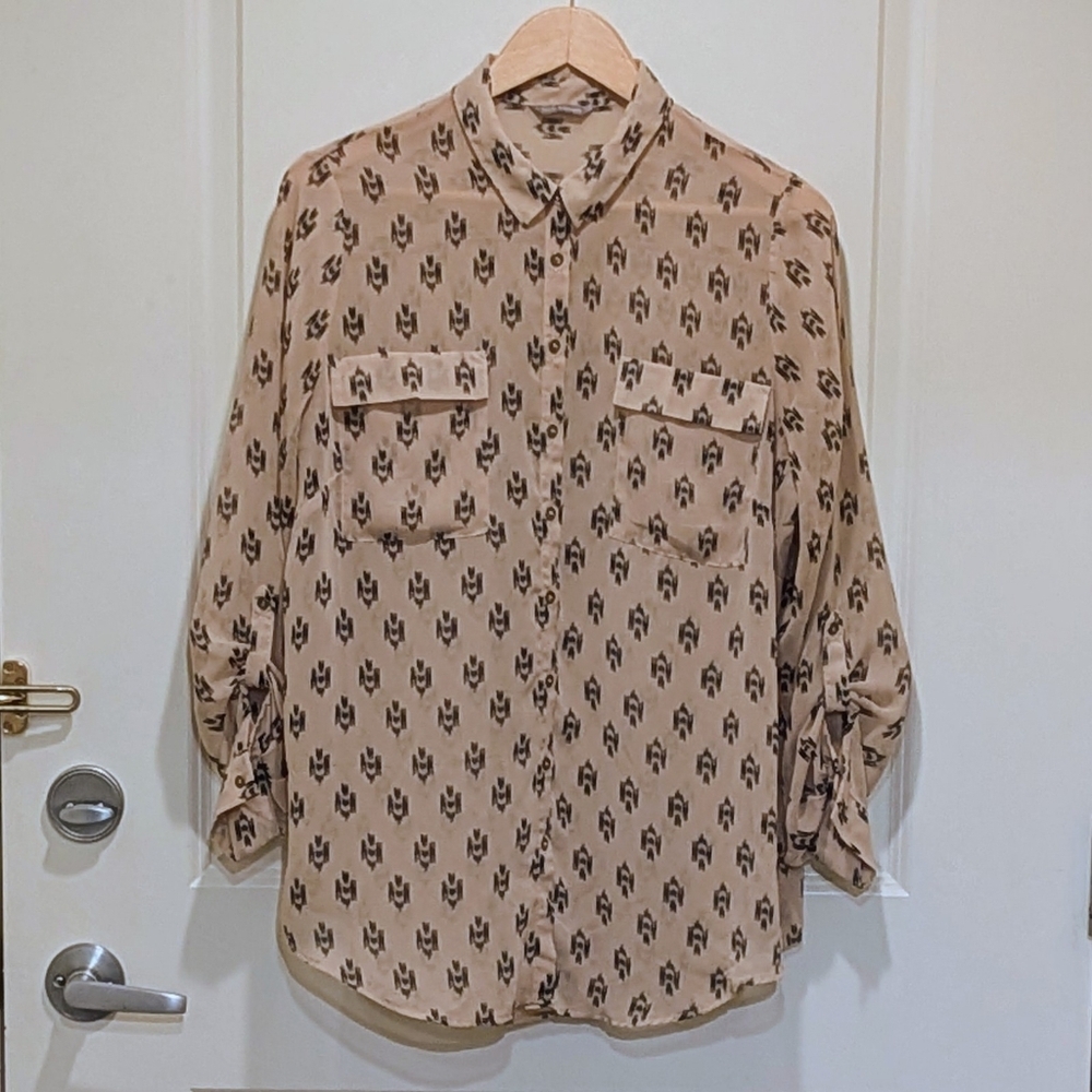 EUC Marks & Spencer 16 Tan Boho Blouse with Black Pattern